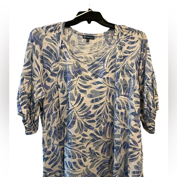Democracy Airy Blue Elbow Blouson Sleeve Scoop Neck Leaf Print Knit Top - Picture 10 of 12